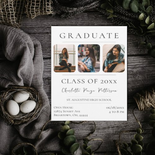 Simple Three Photo Graduation  White Invitation