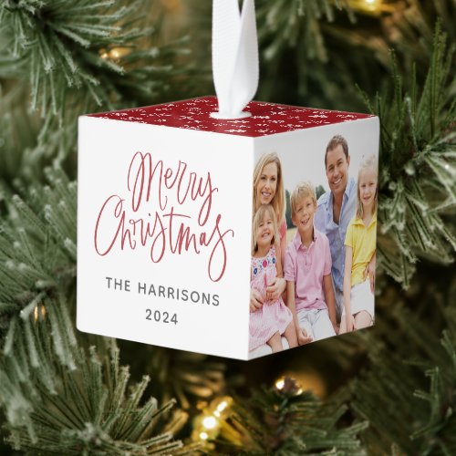 Simple Three Photo Red  White Christmas Cube Ornament
