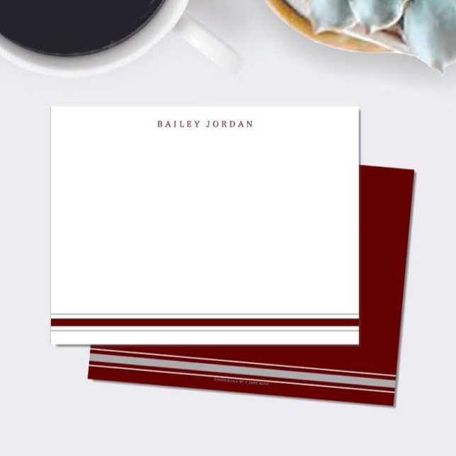 Simple Three Stripes Dard Red Gray Mens Stationery Note Card (Creator Uploaded)