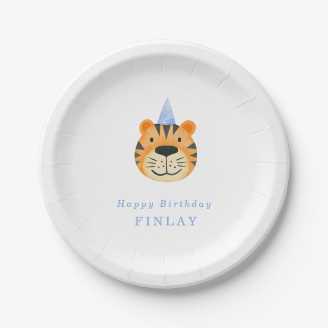 Simple Tiger Blue Party Hat Boy's Party Paper Plates (Front)