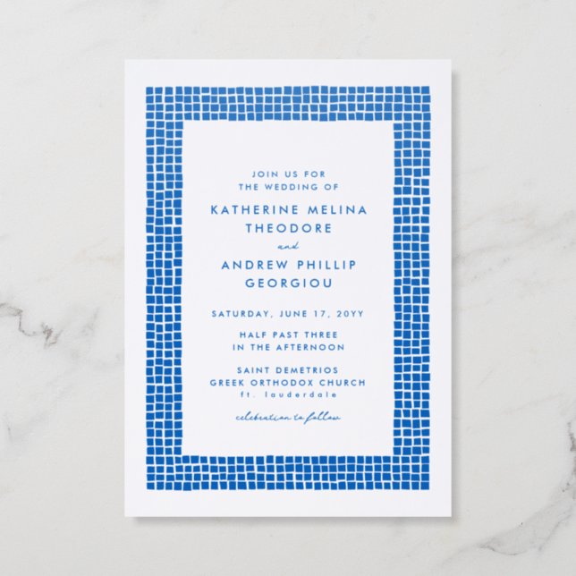 Simple tile frame Greece inspired wedding Letterpress Invitation (Front)