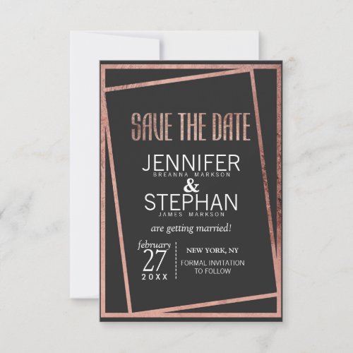 Simple Tilted Rose Gold Border Black Chic Save The Date