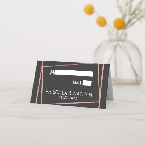 Simple Tilted Rose Gold Border Black Chic Wedding Place Card