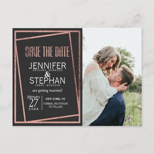 Simple Tilted Rose Gold Border Black Save the Date Announcement Postcard