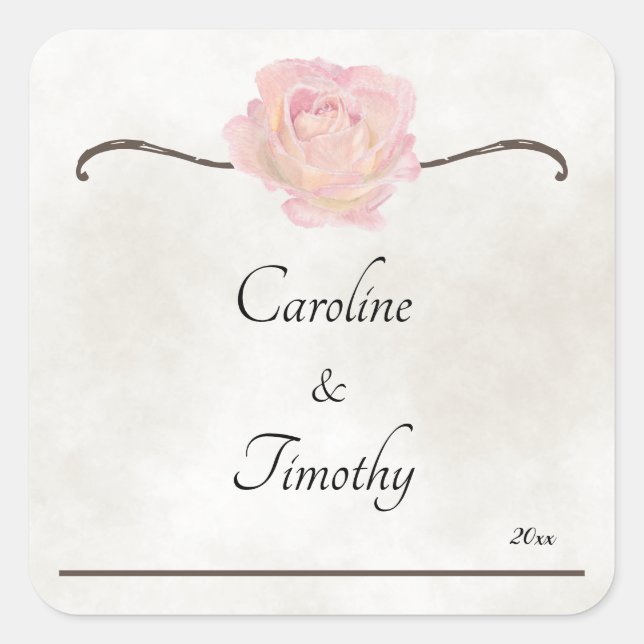 Simple Timeless Elegance Watercolor Rose Wedding Square Sticker (Front)