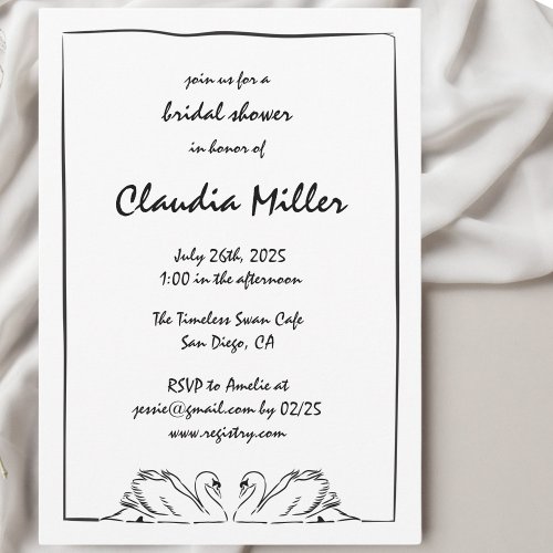 Simple Timeless Handwritten Swan Bridal Shower  Invitation
