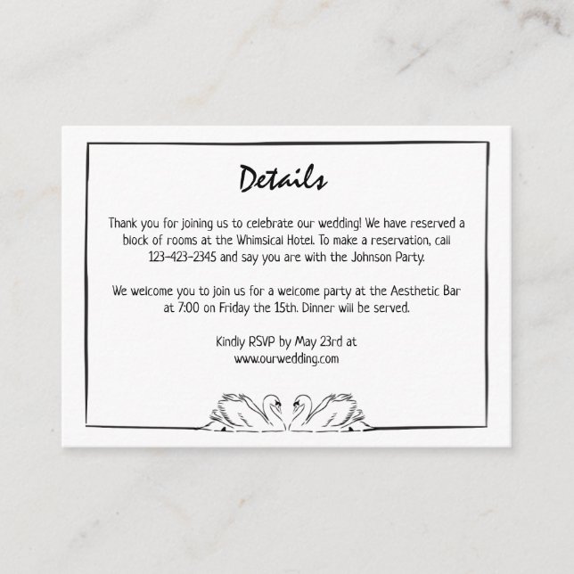 Simple Timeless Handwritten Swan Drawing Details Enclosure Card (Front)