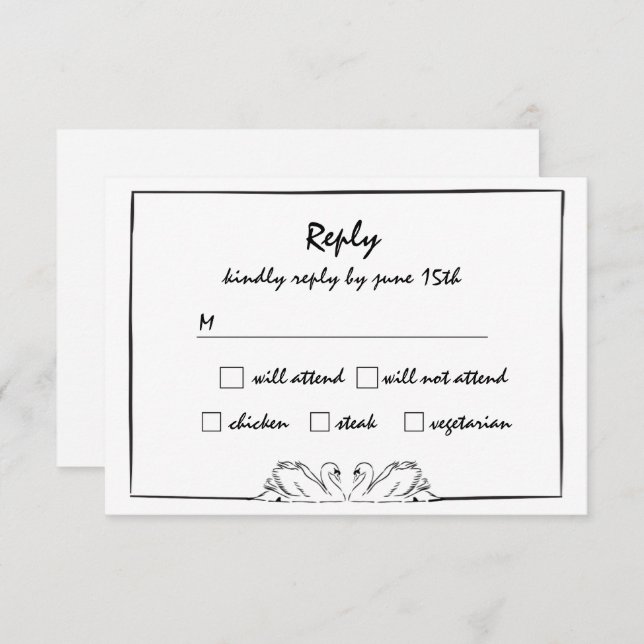 Simple Timeless Handwritten Swan Drawing RSVP Card (Front/Back)