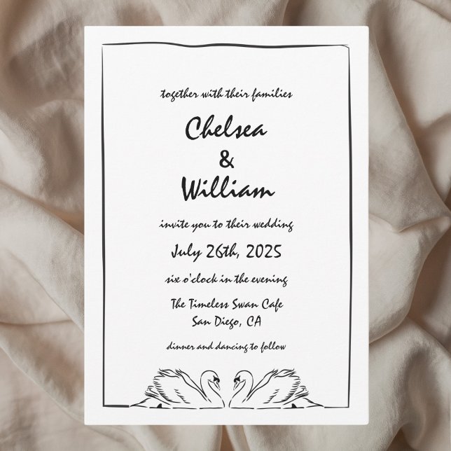 Simple Timeless Handwritten Swan Drawing Wedding Invitation (Creator Uploaded)