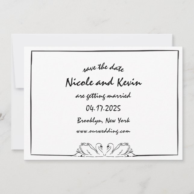 Simple Timeless Handwritten Swan Illustration Save The Date (Front)