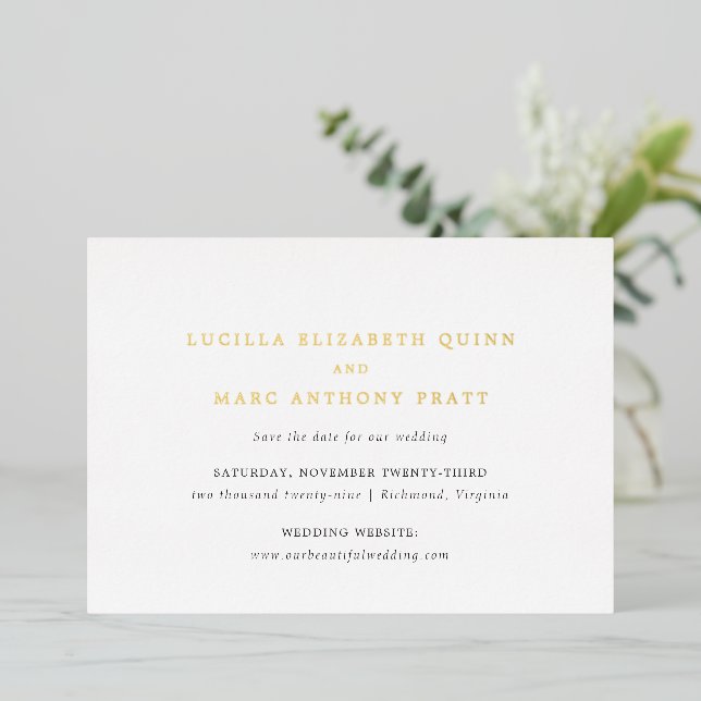Simple Timeless Wedding Save the Date Foil Invitation (Standing Front)