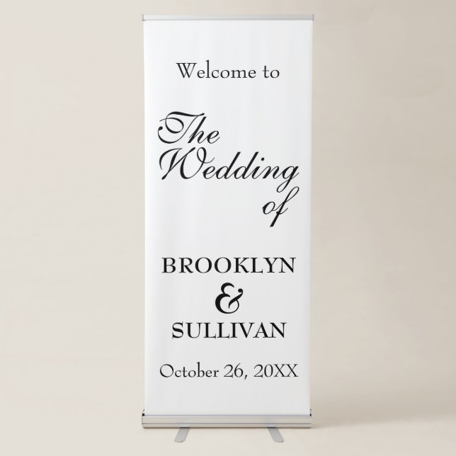 Simple, Traditional Black & White Wedding Welcome Retractable Banner (Front)