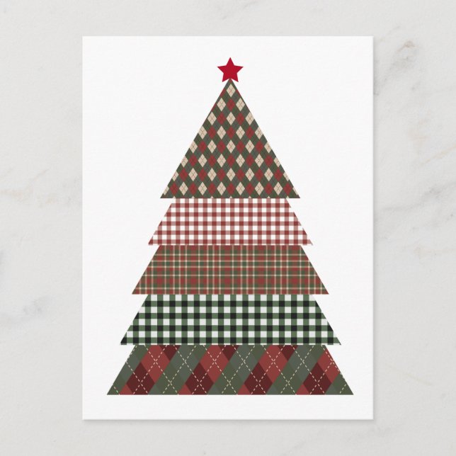 Simple Traditional Red Green Plaid Christmas Tree Postcard (Front)