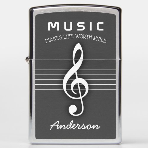 Simple Treble Clef and Staff with Name on GREY Zippo Lighter