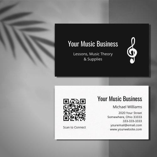 Simple Treble Clef QR code Music Lessons Black  Business Card