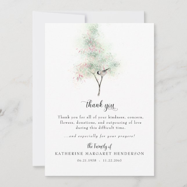 Simple Tree & Bird Bereavement Funeral Thank You (Front)