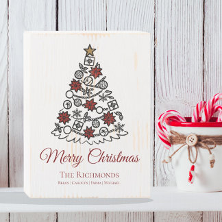 Simple Tree Merry Christmas Family Name Wooden Box Sign