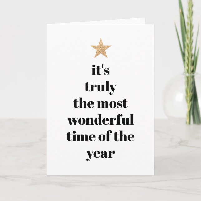 Simple Tree Shape Black & White Gold Star Quote   Holiday Card (Front)