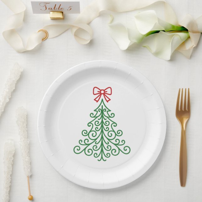 Simple Tree with Bow Modern Christmas Paper Plates (Wedding)