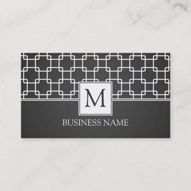 Simple Trellis Pattern Monogram Black Business Card (Front)