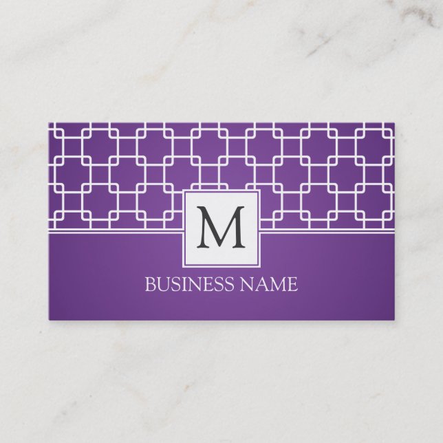 Simple Trellis Pattern Monogram Purple Business Card (Front)