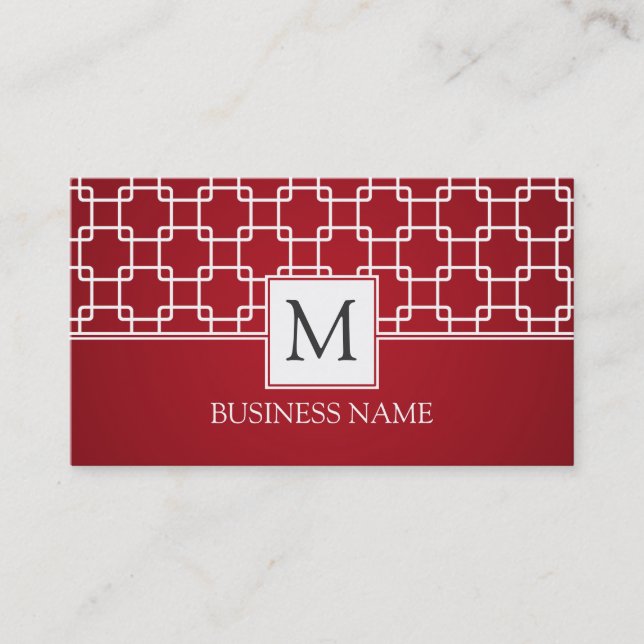 Simple Trellis Pattern Monogram Red Business Card (Front)