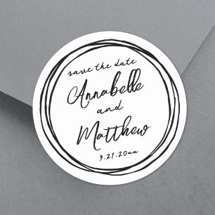 Simple Trendy Black White Names Save The Date Classic Round Sticker