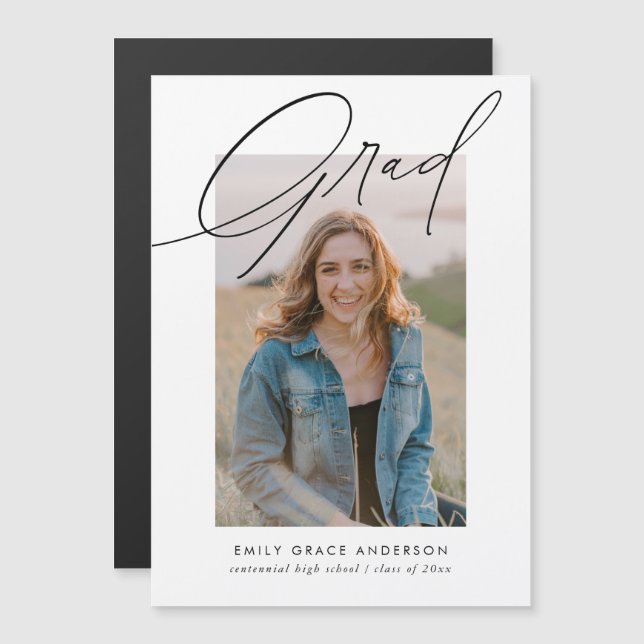 Simple Trendy Calligraphy Photo Graduation Magnetic Invitation (Front/Back)