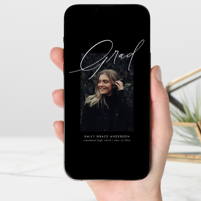 Simple Trendy Calligraphy Three Photo Graduation Announcement (Front Digital)