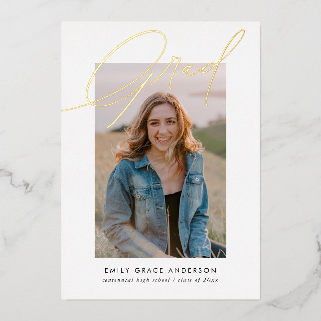 Simple Trendy Calligraphy Three Photo Graduation Foil Invitation (Front)