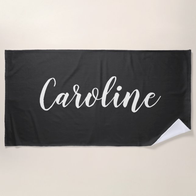 Simple Trendy Chic Black Calligraphy Personalized  Beach Towel (Front)