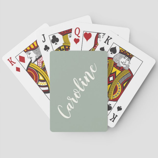 Simple Trendy Dusty Sage Calligraphy Personalized  Poker Cards (Back)