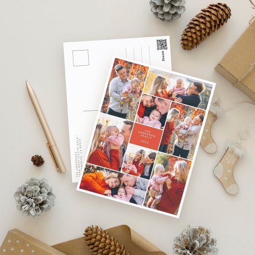 Simple Trendy Festive 8 Photo Collage Christmas Holiday Postcard