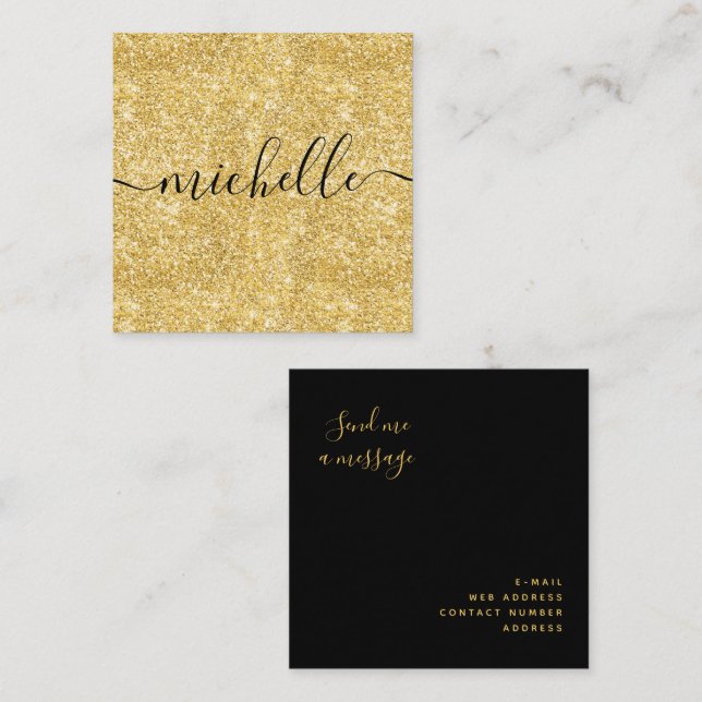 Simple Trendy Gold Glitter Black Script Name Square Business Card (Front/Back)