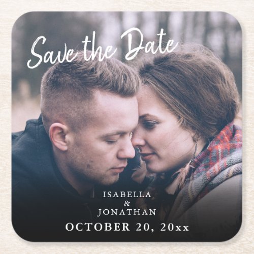 Simple Trendy Handwriting Photo Save The Date Square Paper Coaster