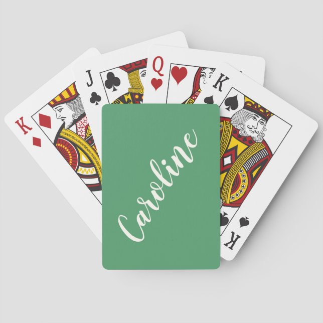 Simple Trendy Kelly Green Calligraphy Personalized Poker Cards (Back)