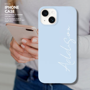 Simple Trendy Pale Blue and White Script Name iPhone 14 Case
