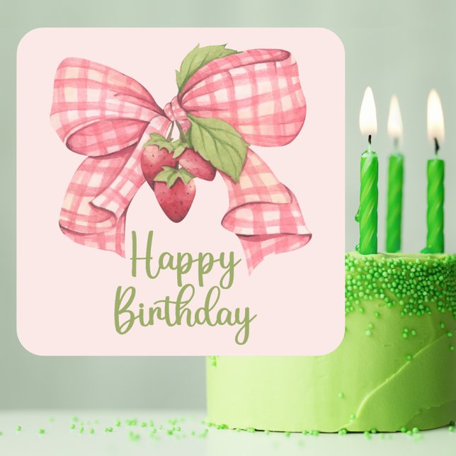 Simple Trendy Pink Bow & Strawberry Happy Birthday Square Sticker (Creator Uploaded)