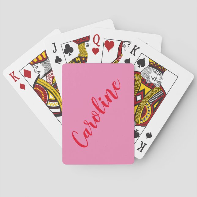 Simple Trendy Pink Red Calligraphy Personalized Poker Cards (Back)