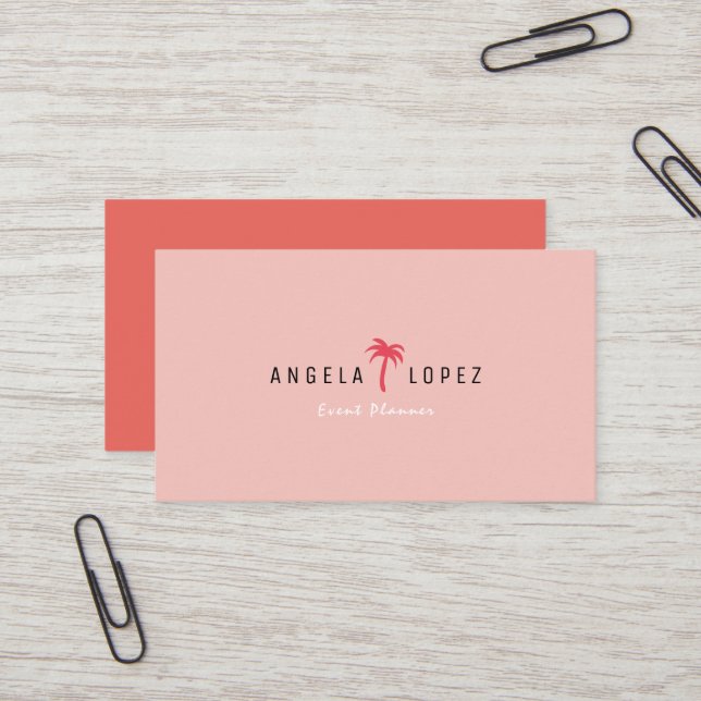 Simple Trendy Pink Red Palm Tree Business Card (Front/Back In Situ)