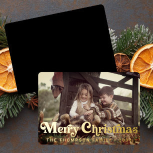 Simple Trendy Retro Typography Photo Christmas Foil Holiday Card