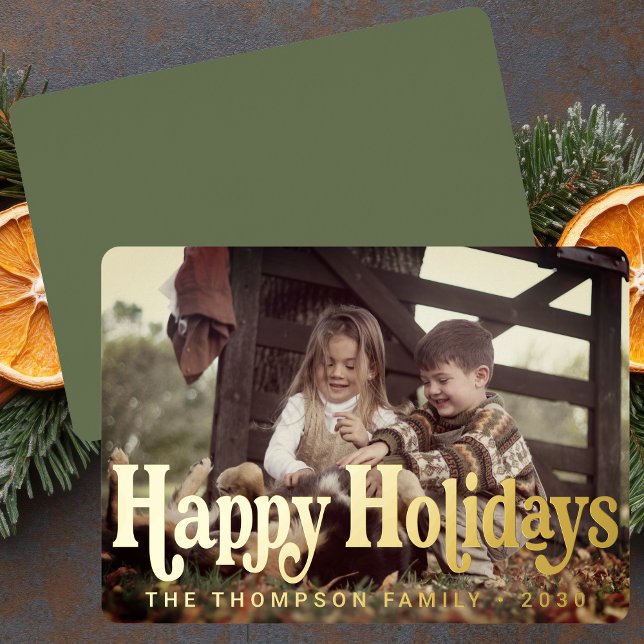 Simple Trendy Retro Typography Photo Christmas Foil Holiday Card (Creator Uploaded)