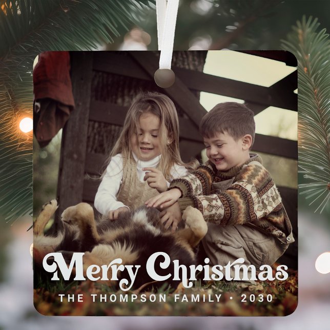 Simple Trendy Retro Typography Photo Christmas Metal Ornament (Creator Uploaded)