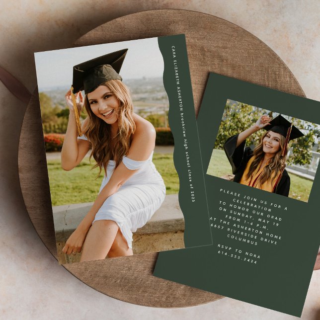 Simple trendy wavy edge green photo graduation invitation (Creator Uploaded)