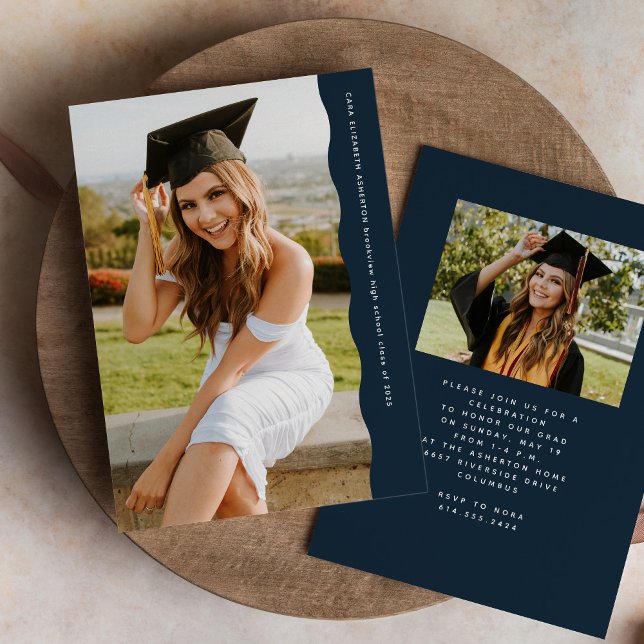 Simple trendy wavy edge navy blue photo graduation invitation (Creator Uploaded)