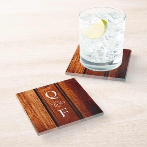Simple Trendy Wood Grain Monogram Initials Glass Coaster