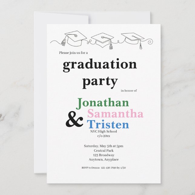 Simple Triplet Cap and Tassel Graduation Invitation (Front)