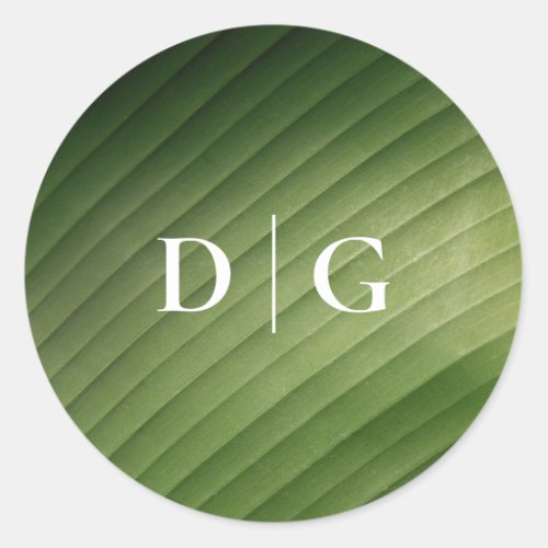 Simple Tropical Banana Leaf Monogram Wedding Classic Round Sticker