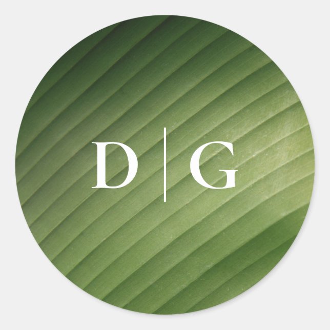 Simple Tropical Banana Leaf Monogram Wedding Classic Round Sticker (Front)