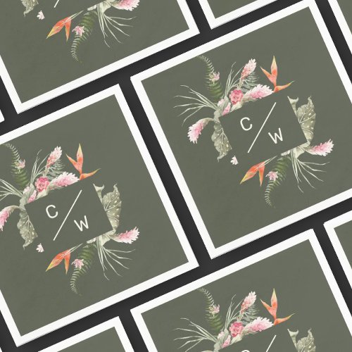 Simple Tropical floral Monogram Gree Wedding Paper Napkins